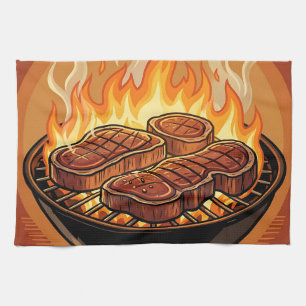 Het grillen van steaks BBQ-vlammen Theedoek