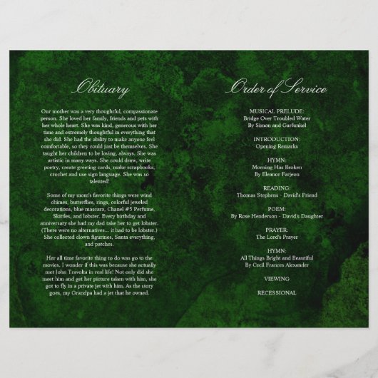 Het Groene en Zilveren Programma van de begrafenis (Achterkant)