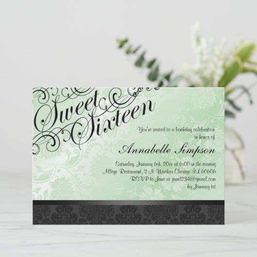 Het groene & Zwarte Elegante BloemenDamast Sweet16 Kaart (Staand voorkant)