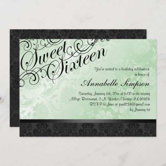 Het groene & Zwarte Elegante BloemenDamast Sweet16 Kaart (Voorkant / Achterkant)