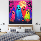 Het Halloween Party Design van Neon Ghosts Canvas Afdruk (Insitu (Slaapkamer))