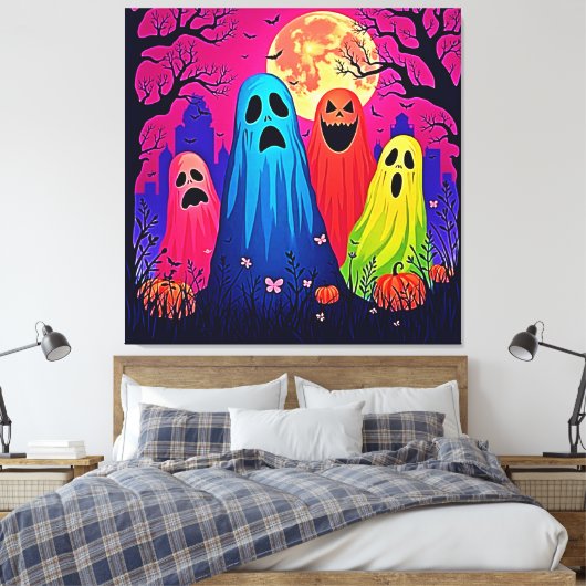 Het Halloween Party Design van Neon Ghosts Canvas Afdruk (Insitu (Slaapkamer))