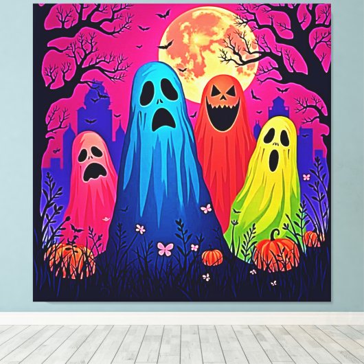 Het Halloween Party Design van Neon Ghosts Canvas Afdruk (Insitu (Houten vloer))