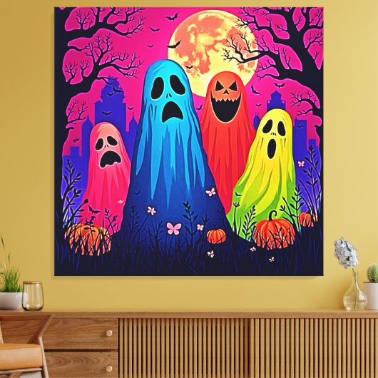 Het Halloween Party Design van Neon Ghosts Canvas Afdruk (Insitu (Woonkamer))