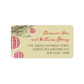 Het hangen Dubbele Rode Lantaarns van het Geluk op Etiket (Voorkant)