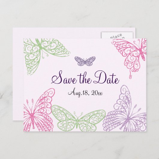 Het hart is een Flutter sparen de Datum Aankondigingskaart (Voorkant / Achterkant)