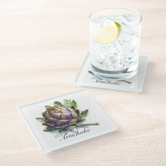 Het hart van de tuin: artisjok in Waterverf Glazen Onderzetter (Schuin)