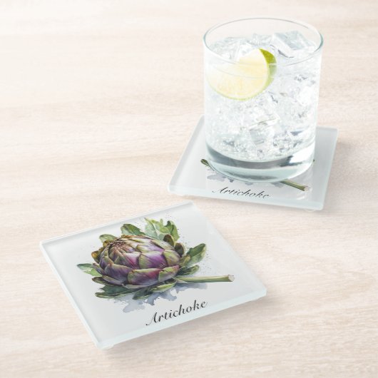 Het hart van de tuin: artisjok in Waterverf Glazen Onderzetter (Schuin)