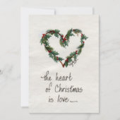 "Het hart van Kerstmis is Love" Green Heart Feestdagenkaart (Voorkant)