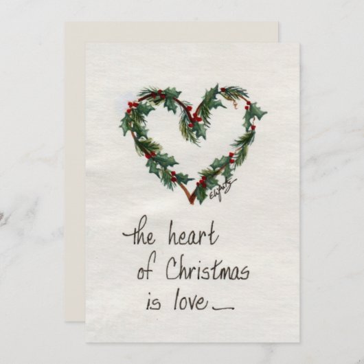 "Het hart van Kerstmis is Love" Green Heart Feestdagenkaart (Voorkant / Achterkant)