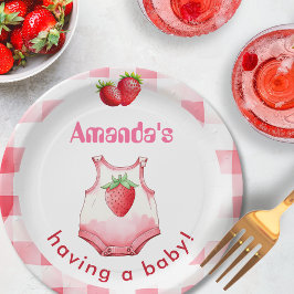 Het hebben van een Baby shower Gingham Strawberry  Papieren Bordje