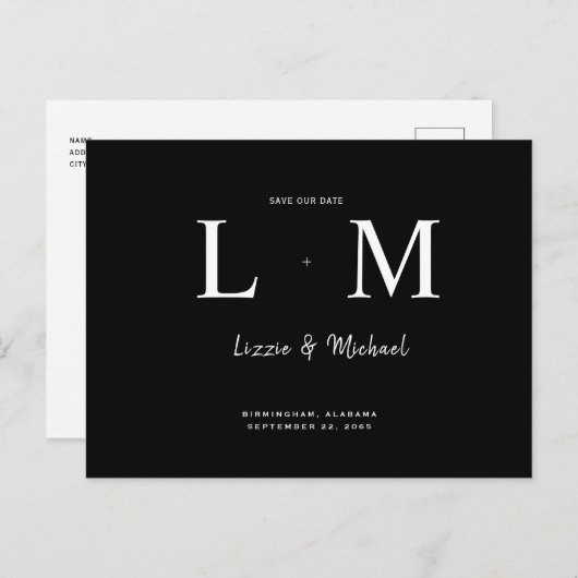 Het hedendaagse Monogram zwarte sparen Onze Datum Briefkaart (Voorkant / Achterkant)