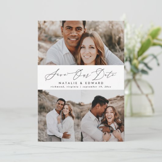 Het hedendaagse multi-fototypografie van het huwel save the date (Staand voorkant)