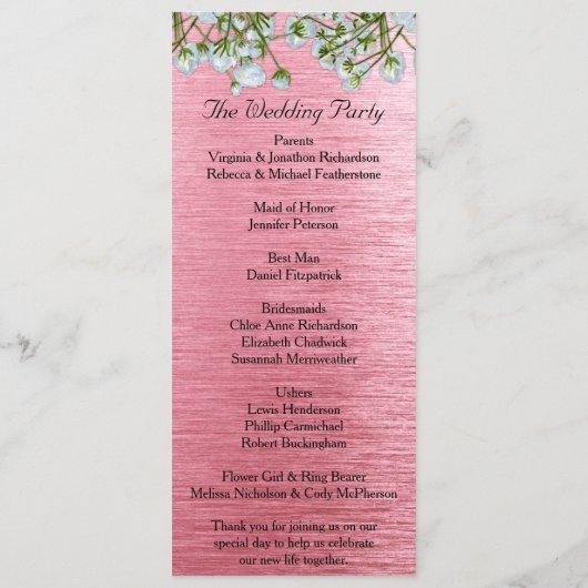 Het hedendaagse roze metaal en witte rozen huwelij programmakaart (Achterkant)