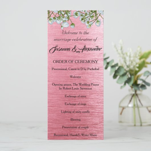 Het hedendaagse roze metaal en witte rozen huwelij programmakaart (Staand voorkant)