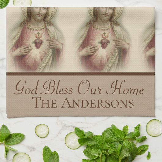 Het heilige hart van Jezus God zegene ons thuis Theedoek (Gevouwen)