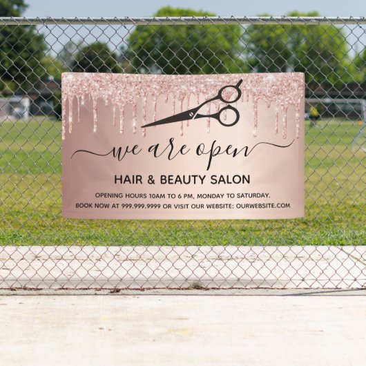 Het heropenen van haar schoonheid salon roos goudg spandoek (Insitu)