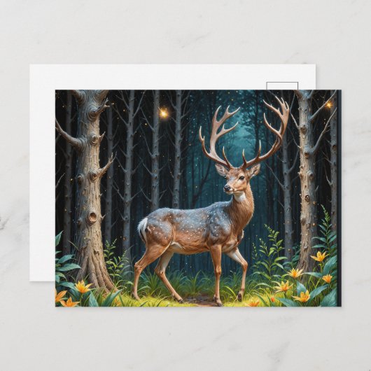 Het hert in een maanverlicht bos briefkaart (Voorkant / Achterkant)