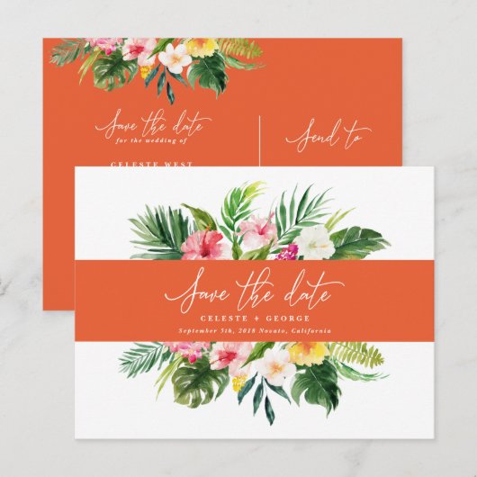 Het het bladmanuscript van de Tropische waterverf  Aankondigingskaart (Voorkant / Achterkant)