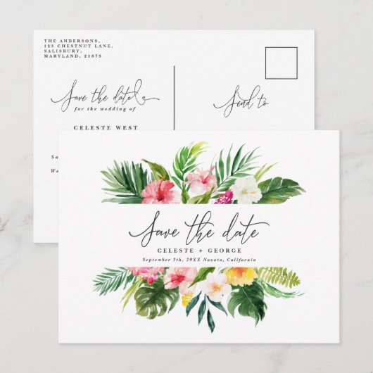 Het het bladmanuscript van de Tropische waterverf  Aankondigingskaart (Voorkant / Achterkant)