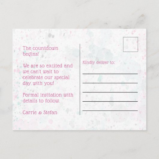 Het hete Roze Kleur Splash Weddenschap sparen de D Briefkaart (Achterkant)