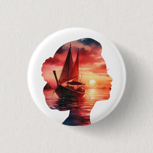 het hoofd van een vrouw dat een zonsondergang met ronde button 3,2 cm