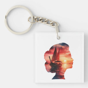het hoofd van een vrouw dat een zonsondergang met sleutelhanger