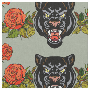 Het hoofd van een zwarte panter en bloeiende rozen stof