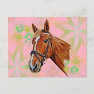 Het hoofd van het paard op bloemenachtergrond, briefkaart