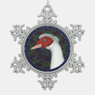 Het HoofdWit van de Eend van Muscovy Tin Sneeuwvlok Ornament