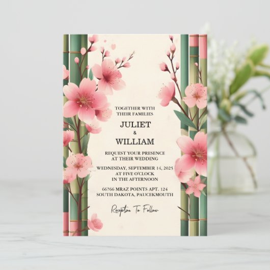 Het hout Bamboe Roze Sakura Kersenbloesem Bruiloft Kaart (Staand voorkant)