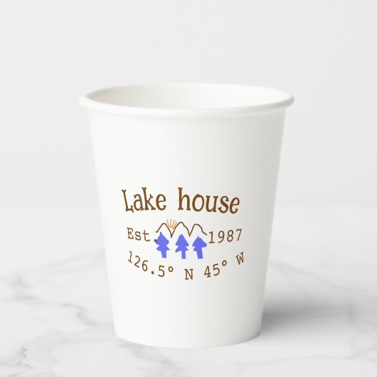 Het huis aan het meer. Datum jaar aangepaste coörd Papieren Bekers (Voorkant)