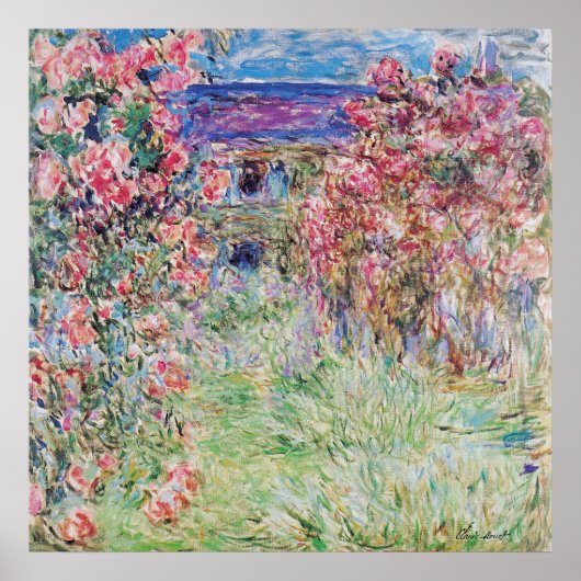 Het huis in de tuin van het roos door Claude Monet Poster (Voorkant)