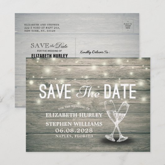 Het huwelijk bewaart de Datum Champagne Glasses Wo Aankondigingskaart (Voorkant / Achterkant)