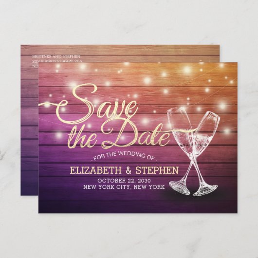 Het huwelijk bewaart de Datum Champagne Glasses Wo Aankondigingskaart (Voorkant / Achterkant)