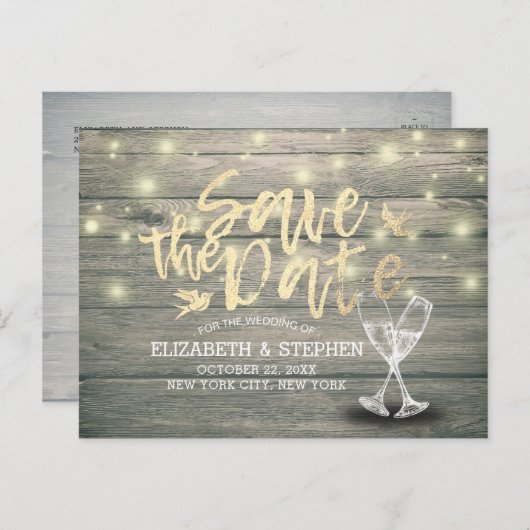 Het huwelijk bewaart de Datum Champagne Glasses Wo Aankondigingskaart (Voorkant / Achterkant)