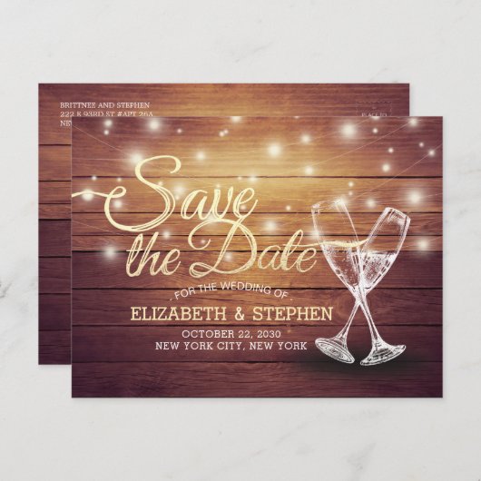 Het huwelijk bewaart de Datum Champagne Glasses Wo Aankondigingskaart (Voorkant / Achterkant)