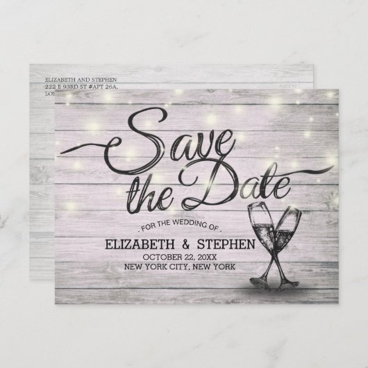 Het huwelijk bewaart de Datum Champagne Glasses Wo Aankondigingskaart (Voorkant / Achterkant)