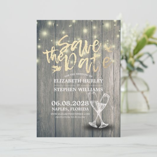Het huwelijk bewaart de Datum Champagne Glasses Wo Save The Date (Staand voorkant)