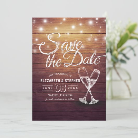 Het huwelijk bewaart de Datum Champagne Glasses Wo Save The Date (Staand voorkant)