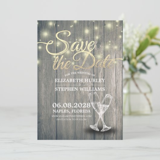 Het huwelijk bewaart de Datum Champagne Glasses Wo Save The Date (Staand voorkant)