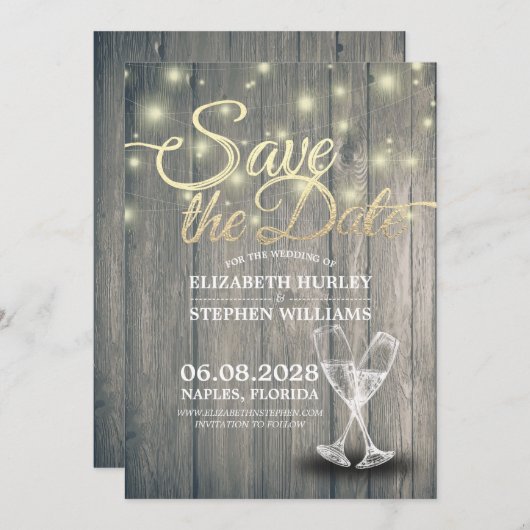Het huwelijk bewaart de Datum Champagne Glasses Wo Save The Date (Voorkant / Achterkant)