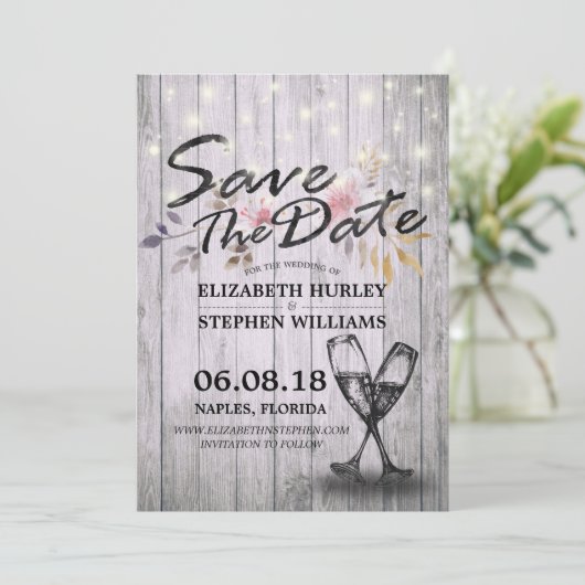 Het huwelijk bewaart de Datum Champagne Glasses Wo Save The Date (Staand voorkant)