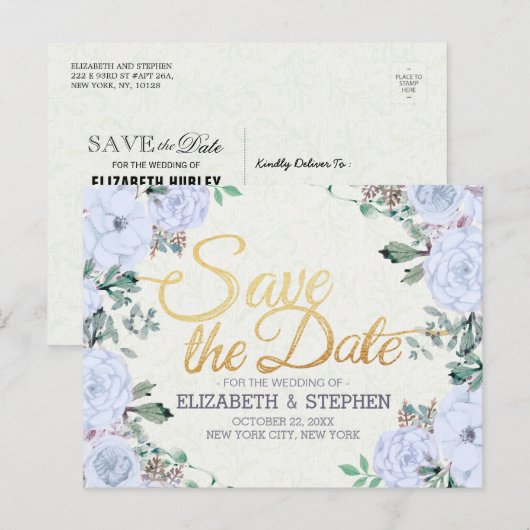 Het huwelijk bewaart de Datum Elegant Floral Gold  Aankondigingskaart (Voorkant / Achterkant)