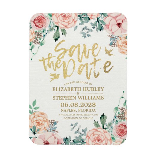 Het huwelijk bewaart de Datum Elegant Floral koord Magneet (Verticaal)