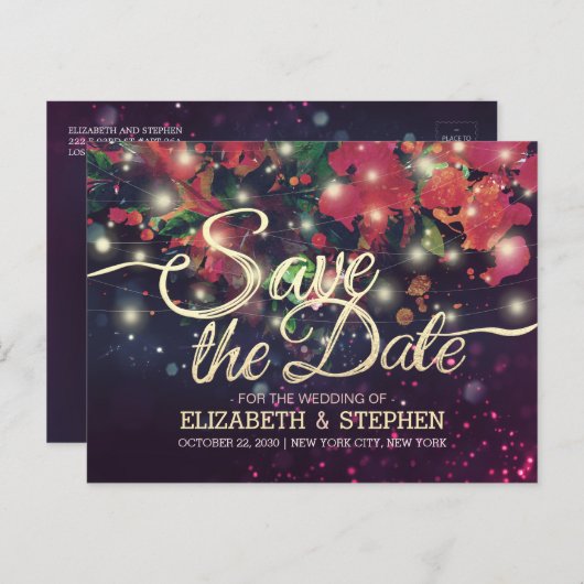 Het huwelijk bewaart de Datum Floral Paarse Koord Aankondigingskaart (Voorkant / Achterkant)