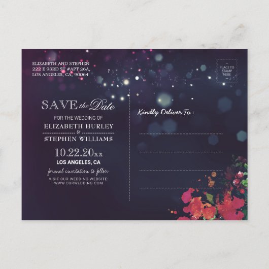 Het huwelijk bewaart de Datum Floral Paarse Koord  Aankondigingskaart (Achterkant)