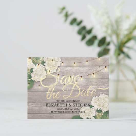 Het huwelijk bewaart de Datum Hydrangea het Hout v Aankondigingskaart (Staand voorkant)