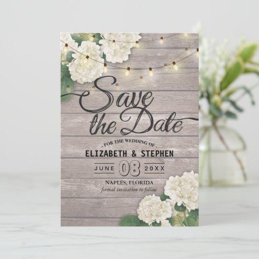Het huwelijk bewaart de Datum Hydrangea het Hout v Save The Date (Staand voorkant)