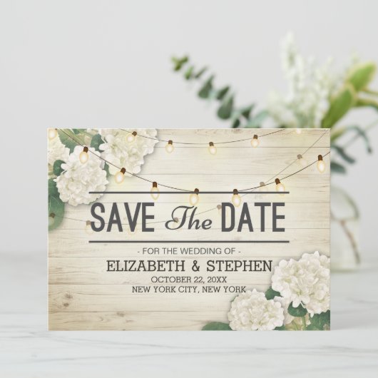 Het huwelijk bewaart de Datum Hydrangea het Hout v Save The Date (Staand voorkant)